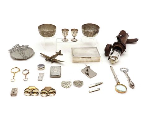 A collection of silver, silver plated items and collectables,including mother of pearl handled silver-bladed fruit knives, a 