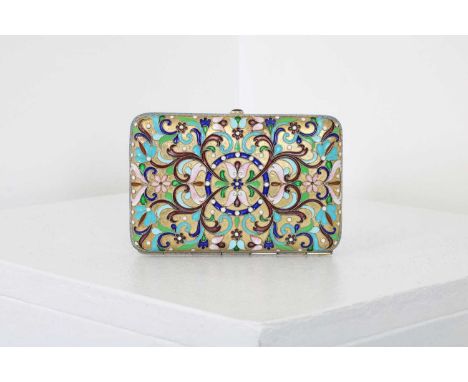 A silver-gilt and cloisonné cigarette case,in the Russian taste, of rectangular form with rounded corners, the hinged cover a