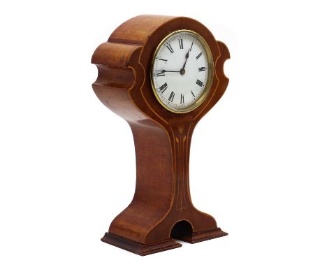 An Art Nouveau inlaid mahogany balloon mantel clock,circa 1900-1910, of waisted form, the white enamel dial with Arabic numbe