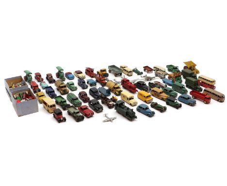 A large collection of Dinky die cast toy cars,to include an AA Motor Cycle and sidecar, a Loudspeaker Van, a Midget Racing Ca