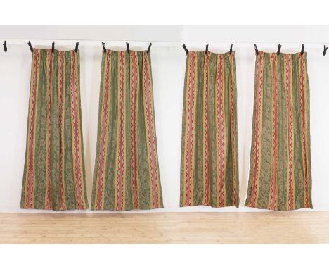 Two pairs of striped silk curtains,French, each with alternating bands of green and yellow damask, pink monochrome and chevro