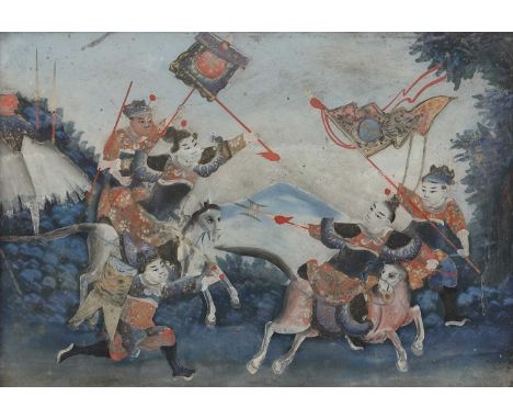 A Chinese reverse glass painting,19th century, with warriors on horseback in a battle, 35 x 49cm, framed清十九世纪 镜面人物故事图画Conditi