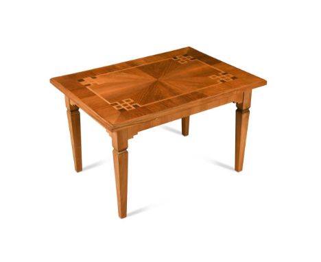 An Art Deco style coffee table, with geometric inlaid rectangular top raised on tapering legs47 x 74.5 x 54.5cmCondition repo