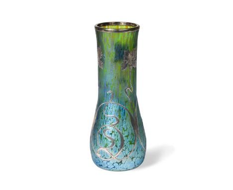 Attributed to Loetz, a silver overlay glass vase, the foliate design applied over an iridescent creta papillon ground, unmark