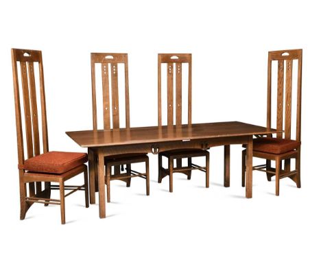 In the manner of Charles Rennie Mackintosh, a modern oak dining table and four chairs, the high-back chairs with pierced back