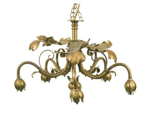 An Arts &amp; Crafts brass ceiling light in the manner of W.A.S. Benson, circa 1900, with five scrolling arms centred by a ce