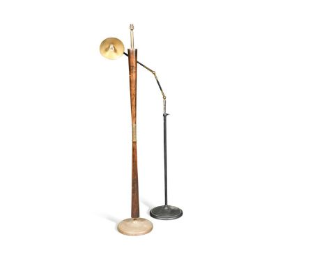 Two mid-century floor lamps, the first of articulated brass with 'Weldon' cast iron circular base, the other of brass and tur