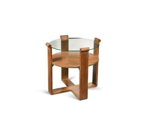 with circular glass top above an oak-veneered undertier, suspended on four interlocking uprights,57 x 60cmCondition report: G