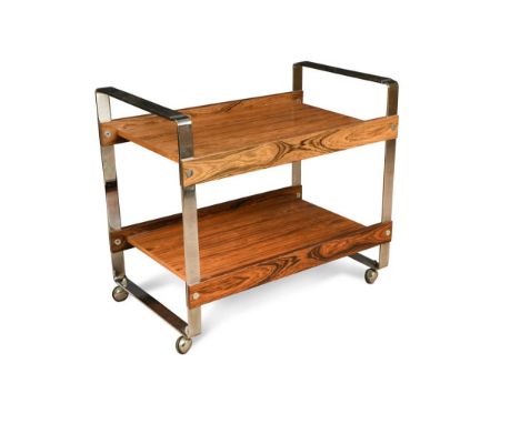 Attributed to Merrow Associates, a rosewood and chrome drinks trolley, with chromium plated flattened steel frame with leathe