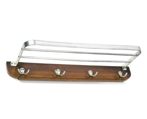 A mid-century coat/luggage rack, the slatted aluminium shelf and four hooks mounted to a mahogany frame,70cm wideCondition re