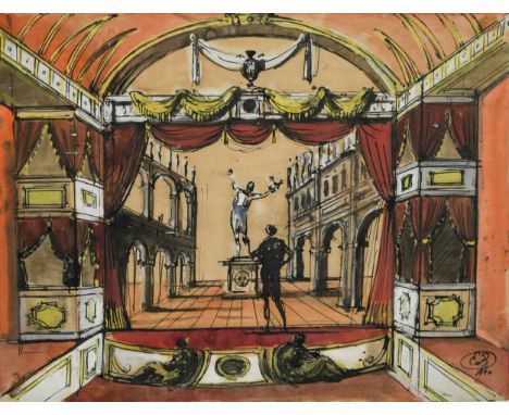 Eugène Berman (American/Russian 1889-1972) Set design with a classical colonnadesigned with initials and indistinctly dated (
