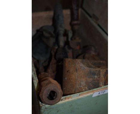 A wooden box containing vintage tools, including blow torch,Record vice and plane and more.