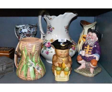 A selection of ceramic jugs including Mella ware , Woods and sons and Shorter
Repair to handle of Character jug,otherwise goo