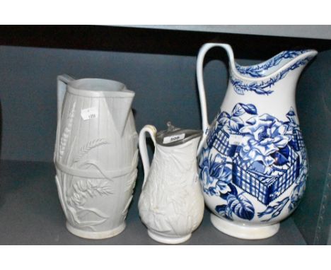 A selection of large antique ceramic water jugs including Victorian lozenge stamped
Hairline to blue and white jug.