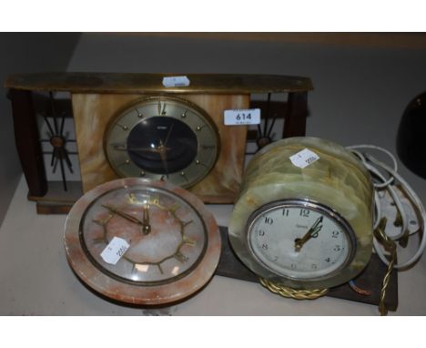 Three vintage onyx and brass mantel clocks.
All 3 clocks untested. One battery with plastic case, one winder not ticking, one