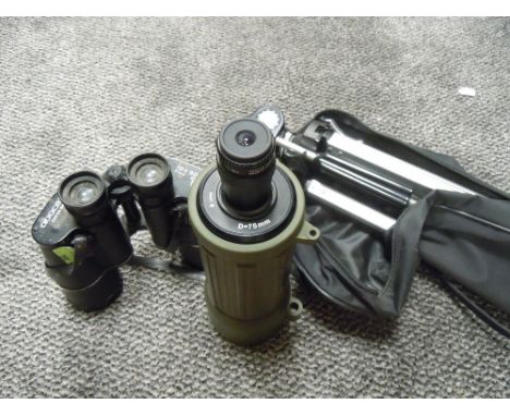 A pair of Avocet binoculars and a Mirador telescope also cased tripod