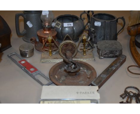 A selection of vintage items including primitive candle holder, spirit levels, letter rack and more.