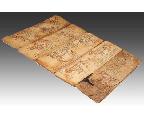 A SOUTH EAST ASIAN MANUSCRIPT ON PARCHMENT of multi-fold form with designs and inscription