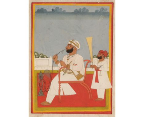 AN INDIAN MINIATURE painted with seated Maharaja with hookah pipe, an attendant fan bearer behind, inscribed in ink verso, go