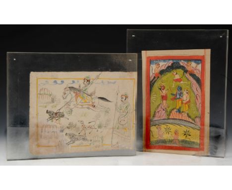 AN INDIAN NAIVE WATERCOLOUR depicting half man half monkey figures with manuscript verso, 26 x 17cm; and a similar painting o