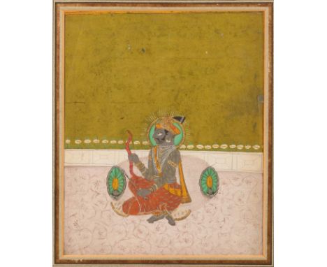 AN INDIAN MINIATURE PAINTING of a Nobleman with bow and arrow seated in a garden, gouache on paper, 25.5 x 21cm