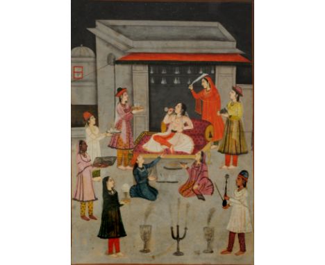 A DOUBLE-SIDED INDIAN WATERCOLOUR ON PAPER depicting a Noblewoman with attendant figures and manuscript verso, 28 x 19.5, fra