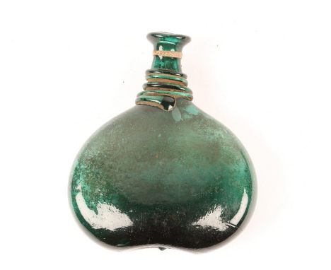 A 17TH/18TH CENTURY MIDDLE EASTERN GREEN GLASS FLASK with rope twist collar, 23cm