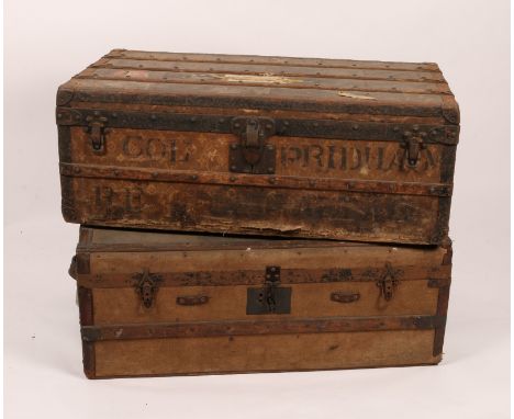 A LOUIS VUITTON TRAVELLING TRUNK, metal bound with wooden strap work and Cunard White Star First Class label and bearing inte