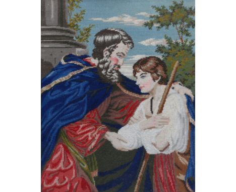 A VICTORIAN GROS POINT STUDY of Abraham and Isaac, 32.5 x 25.5cm in ebonised frame and a Victorian beadwork kettle stand with