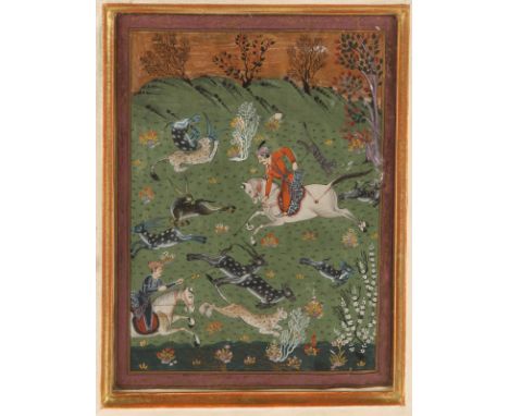 AN INDIAN MINIATURE painted with a hunting scene in a hilltop landscape, gouache, 20 x 14.5cm