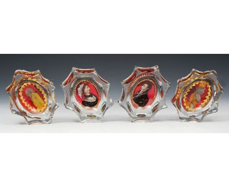 TWO MATCHED PAIRS OF BOHEMIAN CLEAR GLASS SALTS, circa 1800, with portrait miniatures on a burgundy and gilt ground, 7.5cm wi