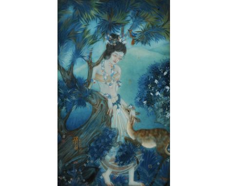 R. UKIL (20TH CENTURY INDIAN SCHOOL) 'Sakuntala and her Pet', original label verso, dated 1928, watercolour on paper, 27.5 x 