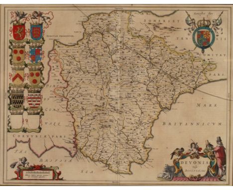 Johannes Blaeu/Devonia vulgo Devon-Shire/Amsterdam, circa 1645/engraved map with contemporary hand colouring, decorative cart