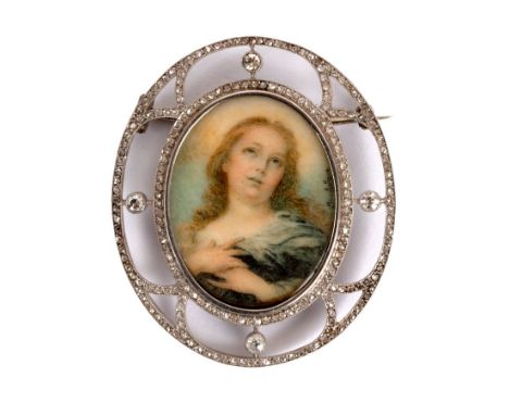 An oval French brooch, circa 1915, centred by a miniature portrait of a lady, signed Marie Antiona, within an open frame set 