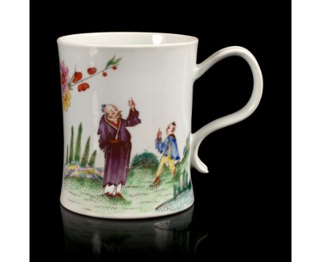 A small Worcester tankard, circa 1755-56, the gently spreading cylindrical body applied with a strap handle, painted with the