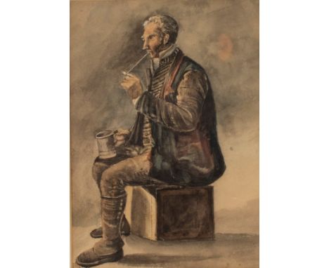 FHR/Man Smoking a Pipe/inscribed on reverse/watercolour, 26cm x 18cm and/C E Wright/Mountain Landscape with Castle/signed/wat