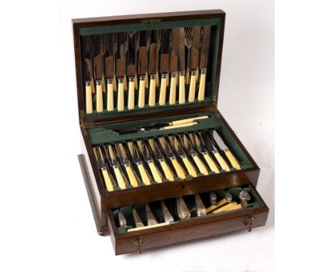 A canteen of silver plated cutlery comprising twelve table forks, twelve dessert forks, twelve table knives, twelve side kniv