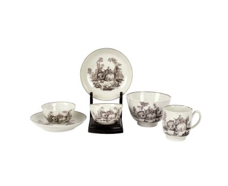 A group of Worcester teawares, circa 1770, printed in black with 'L'Amour' and 'Garden Statuary', comprising two teabowls and