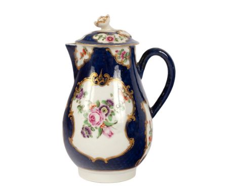 A Worcester blue scale ground milk jug and cover, circa 1770, painted flower garlands in gilt frame cartouches, 10.5cm high/P