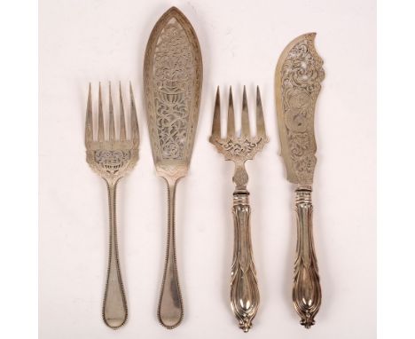 A Victorian silver fish slice and fork, George Unite, Birmingham 1896, the slice with pierced engraved dolphin and another pa