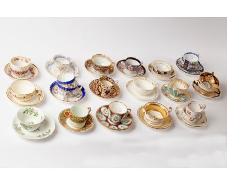 A group of twenty-eight English porcelain teacups and saucers, together with mixed unmatched saucers, cups and bowls