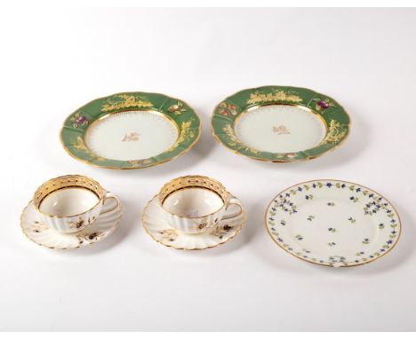 A pair of Mason's Ironstone crested plates, the central crests in gilt with green borders, 22cm diameter, a pair of cups and 