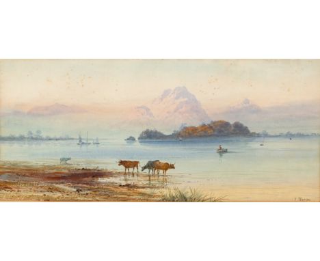 F Pearson/Cattle by a Lake/signed/watercolour, 18cm x 40cm and/Arthur Miles RI/Gate Into a Field/signed/watercolour, 24.5cm x