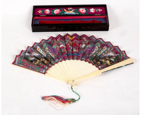 A Chinese painted paper fan, decorated figures, with ivory sticks in a fitted lacquer box CONDITION REPORT: Lot contains an e