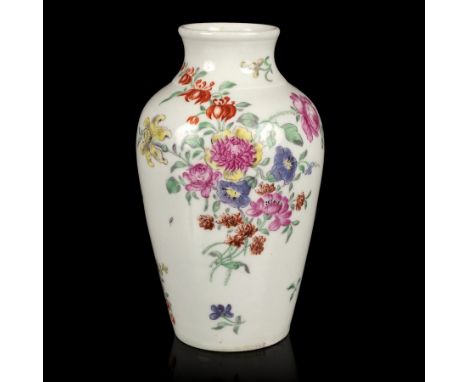 A Worcester baluster vase, circa 1758-62, of plain shape with a short neatly turned, waisted neck, painted in Meissen style w