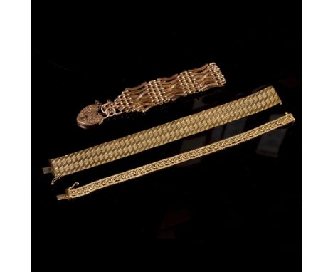 A 9ct rose gold gate link bracelet with heart-shaped padlock clasp, a 9ct yellow gold bracelet of flat articulated form and a
