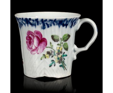 A Worcester feather moulded cup, circa 1755, painted in London, in bright colours with pink flower sprays beneath a flower ga