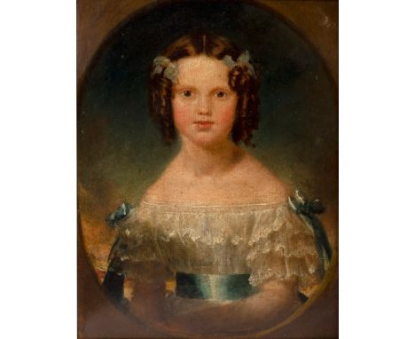 Early 19th Century English School/Portrait of a Young Girl/half-length, her hair tied in ringlets, wearing a lace dress with 