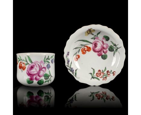 A Worcester polychrome finger bowl and stand, circa 1758-60, finely painted in coloured enamels in the European style with a 