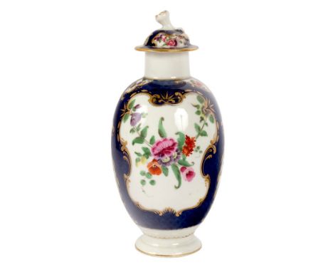 A Worcester oviform blue scale ground tea canister, circa 1770, painted flowers in gilt frame cartouches and a cover, perhaps